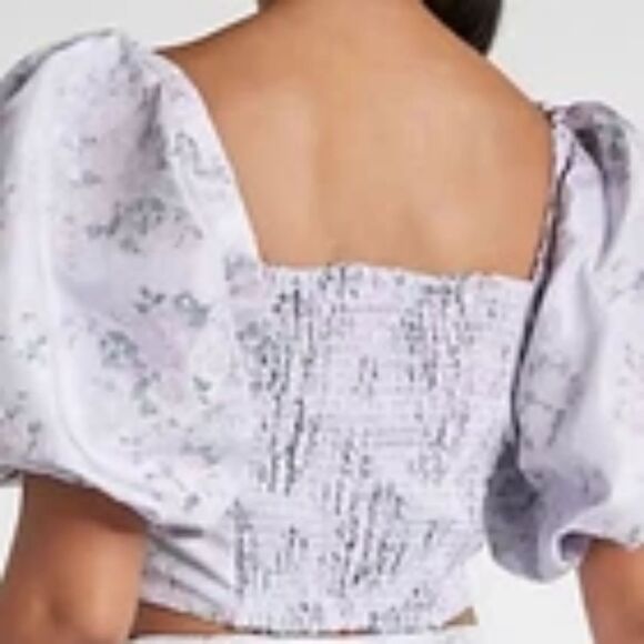 Express Floral Puff Sleeve Ruched Crop Top - Picture 2 of 4
